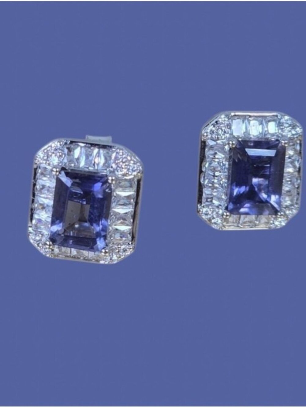 925 Sterling Silver Earrings With Natural Iolite 7x5mm Gem & Cz
